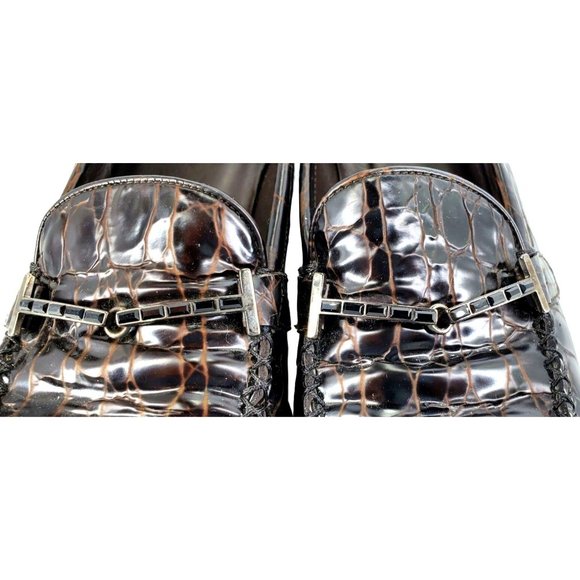 Stuart Weitzman Croc Embossed Patent Leather Brown Low Heel Loafers Womens 7M - Picture 5 of 11